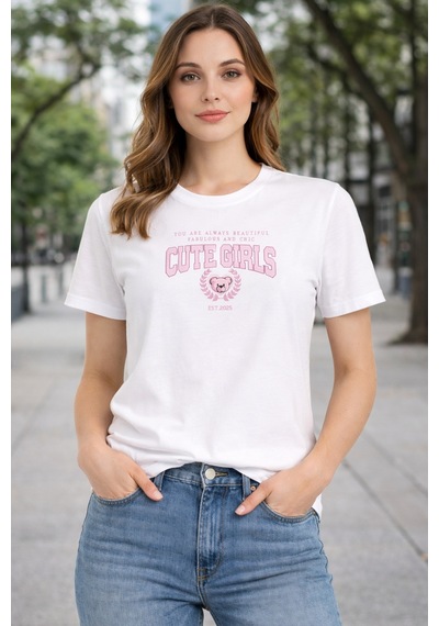 Herkesemoda Cute Girls Baskı Detaylı Basic T-shırt Beyaz