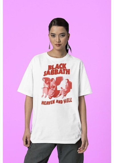 Black Sabbath Heaven And Hell Müzik Grubu Baskılı Unisex Tişört, Beyaz
