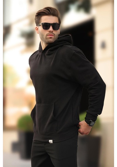 Siyah Kapüşonlu Cep Detaylı Sweatshirt 7095 Siyah