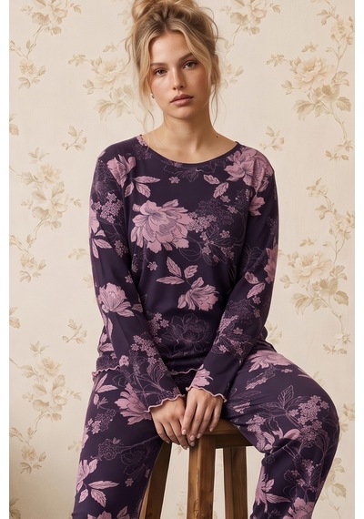 Siyah İnci Mor Desenli Viskon Örme Pijama Takım 26224680