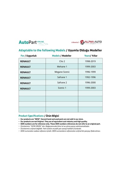 Renault İçin Davlumbaz Tapası- 10 Adet