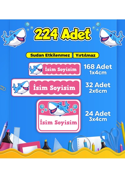 Sevimli Köpek Balığı Temalı Okul Kreş Kişiye Özel İsim Etiket Seti - Model 108 Çok Renkli