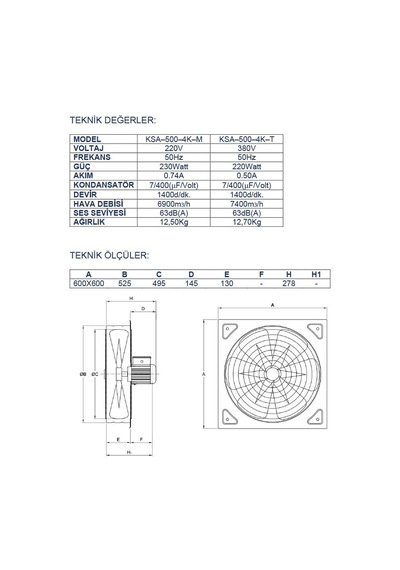 Ayas 50 cm Kare Sanayi Tipi Aspiratör 220 Volt Monofaze