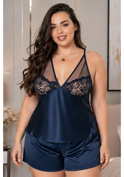 Loule Büyük Beden Lacivert Tül Dantelli Saten Şortlu Pijama