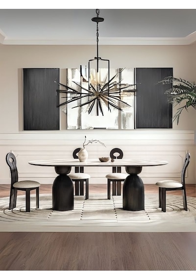 İmperial İtalyan Still Oval Ahşap Yemek Masası 80x180 Mermer Desen