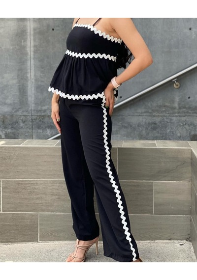 Hgfashion Kadın Biye Detaylı Bluz Pantolon Alt Üst Takım Siyah Renk Siyah