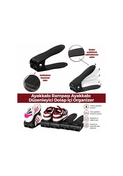 Ayarlanabilir Ayakkabı Rampası 12x25 Cm - 4 Kademeli Dolap İçi Ayakkabı Düzenleyici Organizer, Kaymaz Siyah Plastik Ayakkabılık Çiftleme Rampası Çok Renkli