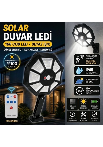 Buffer 168b Solar Led Büyük Dış Mekân Lambası, Hareket Sensörlü, Kumandalı, 3 Modlu Ultra Parlak Cob Işık, 8956731