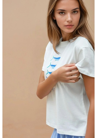Hiccup Baskı Detaylı Regular Fit Bisiklet Yakalı %100 Pamuklu T-shirt Maya Mavisi