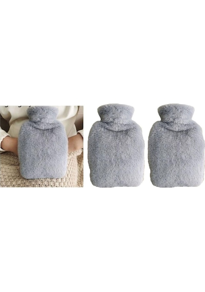 Sıcak Su Torbası 2 Adet,yan Cepli Gri Peluş Termofor 27x17x2cm 750ml Gri