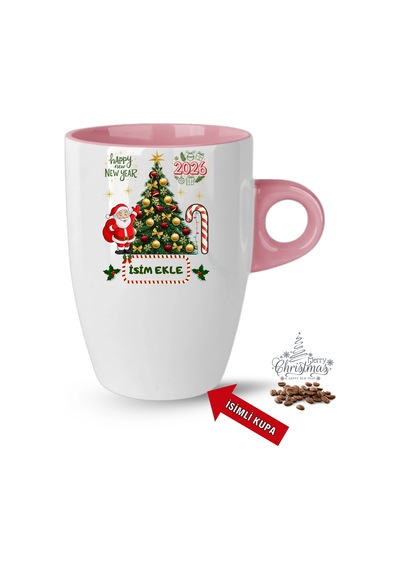 Yılbaşı Hediyesi Christmas Çam Ağacı İsimli Baskılı Porselen Latte Kupa Bardak Pembe Pembe