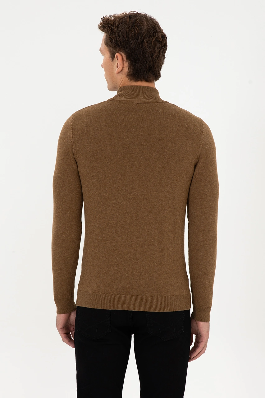 U.S. Polo Assn. Erkek Slim Fit Yarım Balıkçı Yaka Haki Melanj Basic Kazak 50307783-VR125