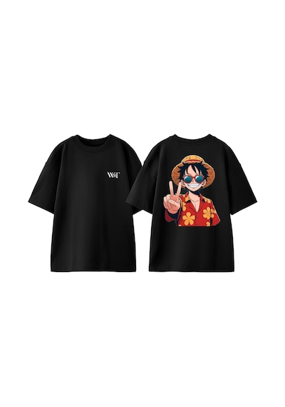 Thewert Monkey D Luffy Drawing Tasarım Sırt Baskılı Pamuk Siyah Oversize T-shirt