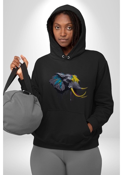 Renkli Fil Kafası Kadın Erkek Siyah Kapüşonlu Sweatshirt Hoodie Siyah