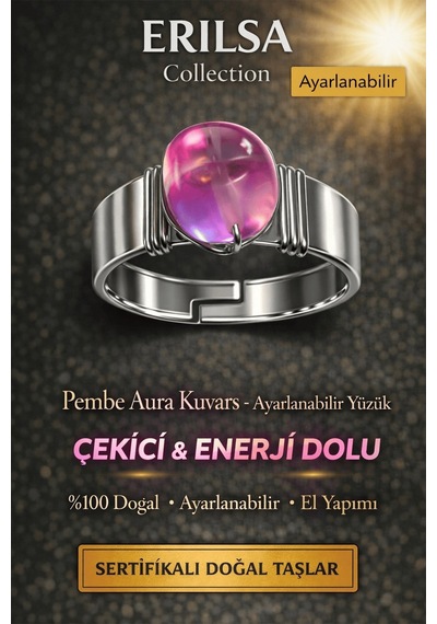 Sertifikalı Pembe Aura Kuvars Yüzük Doğal Taş Ayarlanabilir El Ya Çok Renkli