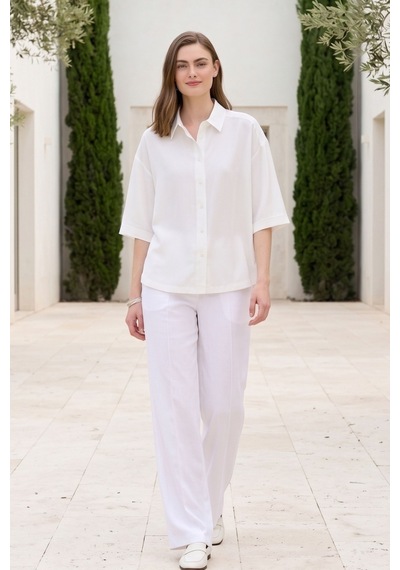 Kadın Beyaz Oversize Keten Görünümlü Gömlek Kısa Kollu Düğmeli Rahat Kalıp Yazlık Gömlek Basic Bluz