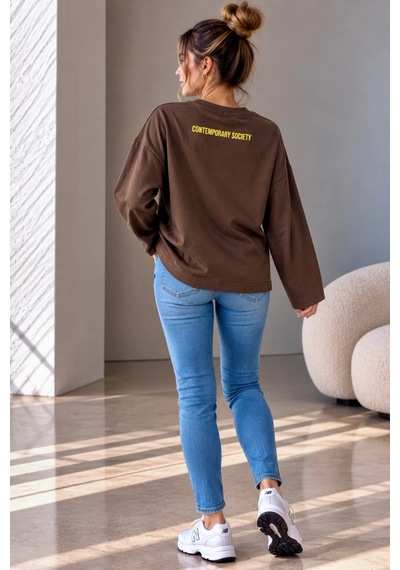 Bb Butik Basic Kadın Baskılı Bol Kollu Oversize İnce Sweatshirt Trend Model Mu3535 Kahverengi Bb Butik Basic Kadın Baskılı Bol Kollu Oversize İnce Sweatshirt Trend Model Mu3535 Kahverengi