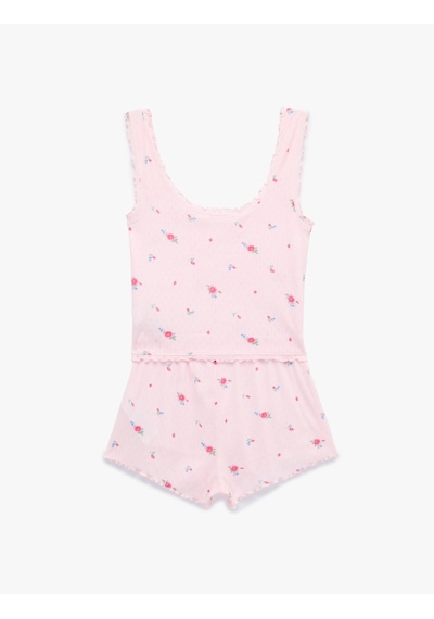 Koton Pamuk Karışımlı Desenli Rahat Kesim Şortlu Pijama Takımı Pembe Desenli 6slk40039mk