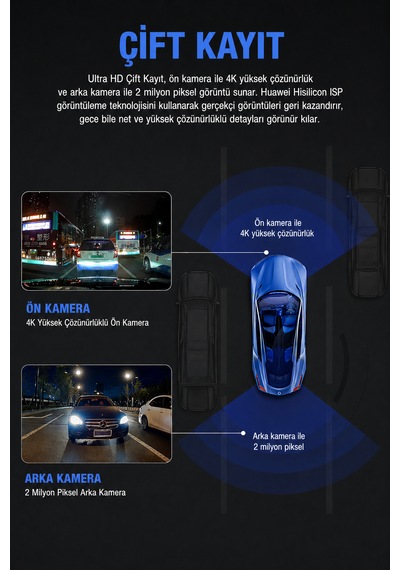 2 Kameralı 4k Sim Kartlı Uzaktan İzlenebilen Araç Kamerası Güvenlik Kamerası