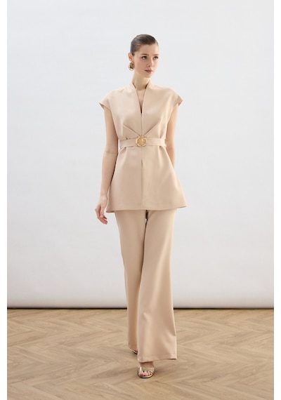Sateen Aksesuar Kuşaklı Kolsuz Bluz - Bej-136734 Bej