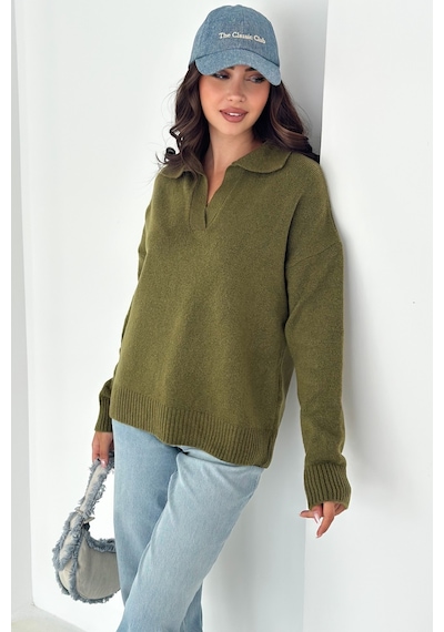 Femelle Haki Kadın Polo Yaka Oversize Triko Kazak - Standart Beden Yumuşak Dokulu - 8551