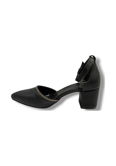 C-shoes 105-25 Saten Ağzı Taşlı Kalın Topuk Kadın Ayakkabı Siyah