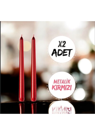 Denic 2 li Metalik Kırmızı  Şamdan Mum Konik Mum