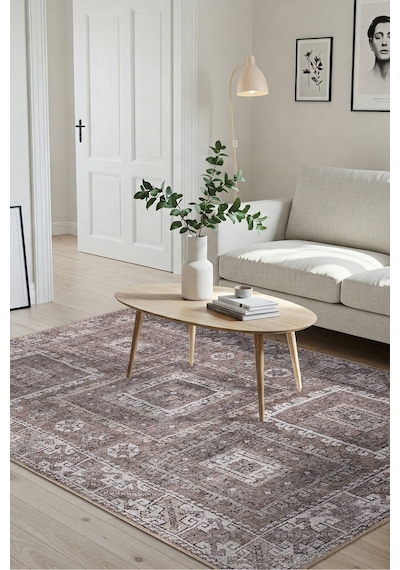 Artloop Stonart Eskitme Vintage Desenli Kahverengi Otantik Yıkanabilir Şönil Halı Al 460 Kahverengi 4