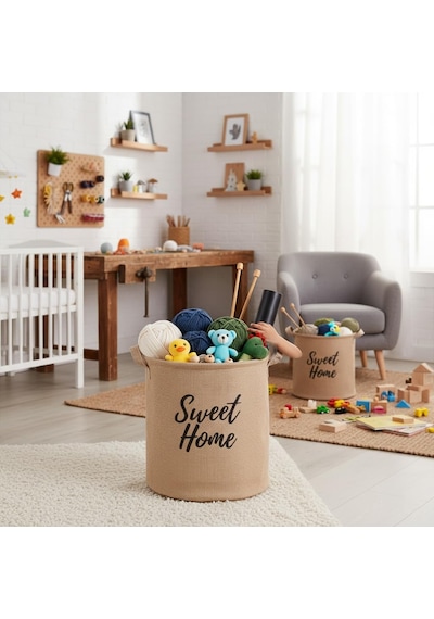 Lexroo "sweet Home" Yuvarlak Jüt Düzenleyici Sepet Krem Renk Katlanabilir Kumaş Kulplu Organizer