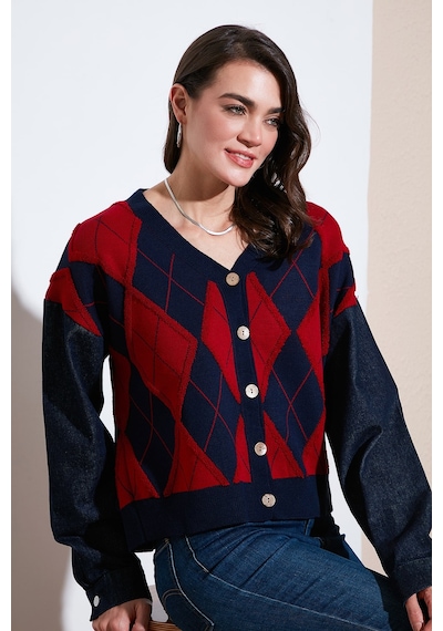Lela Desenli Regular Fit Düğmeli V Yaka Crop Bayan Hırka 4615553 Lacivert-Kırmızı