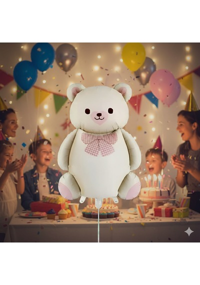 56,5x90 Cm Papyonlu Ayıcık Krem Folyo Balon - Doğum Günü Parti Dekorasyon Balonu Çok Renkli