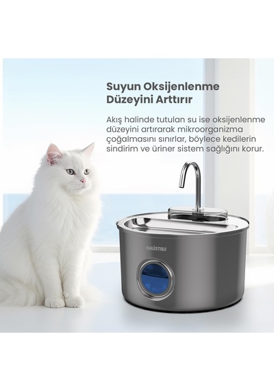 Haustier Wf009ls-m Otomatik Kedi Su Çeşmesi,kedi Su Sebili, Su Pınarı 3.5lt Geniş Hazne, Sus304 Çelik, Çok Katman