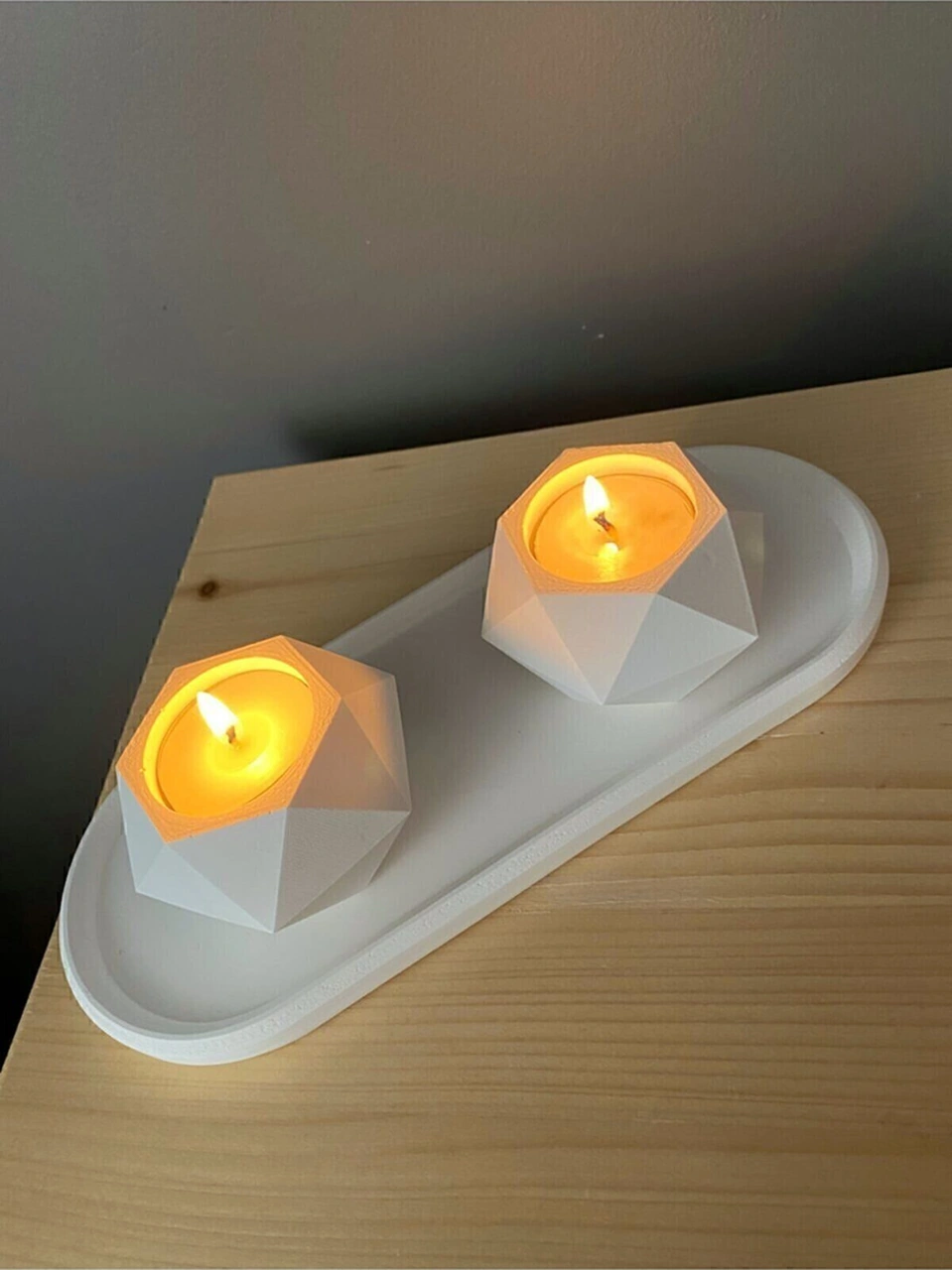 Geometrik Tealight Beton Mumluk, Oval Tabaklı Dekoratif Hediyelik Set Ham Beyaz Beyaz