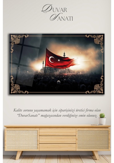 Dalgalanan Türk Bayrağı Ve Cami Cam Tablo , Modern Ev Ofis Salon Duvar Dekoru Büyük Tablo ,hediyelik