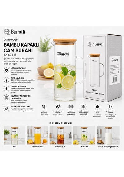 Barotti Dmr-9039 Bambu Kapaklı Borosilikat Cam Sürahi 1200 Ml- 12'li Paket