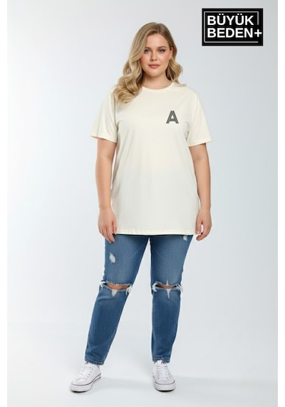 Superlife Kadın Büyük Beden A Baskılı 3xl-6xl Bisiklet Yaka Tshırt Spr26btsk510-12 Ekru
