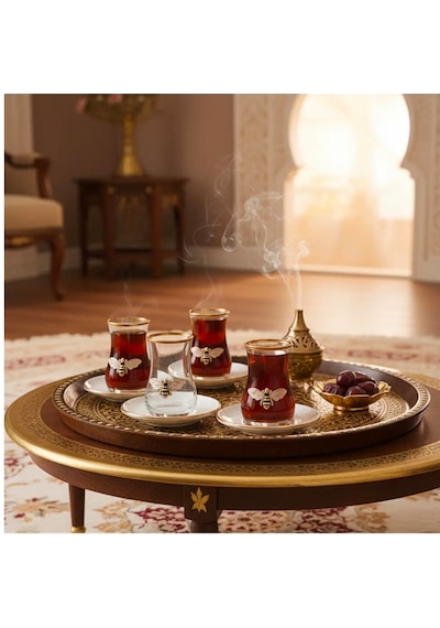 Queen Bee 12 Parça Çay Takımı 6 Kişilik Cam - Porselen Çay Seti Arı Desenli Şık Sunum Takımı Şeffaf