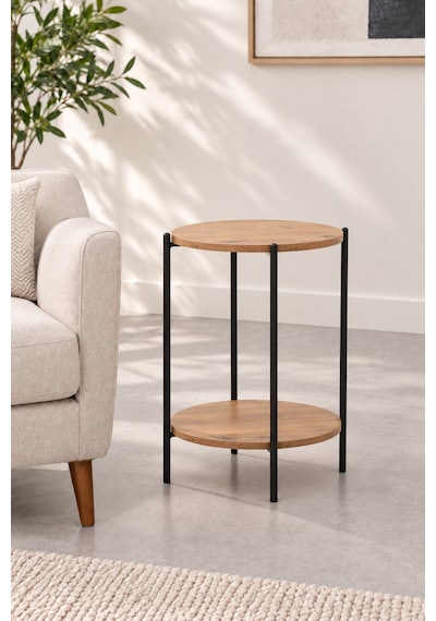 Sehpol Yuvarlak Tablalı İki Raflı Sehpa Q42x60 Cm Antrasit - Atlantik Çam