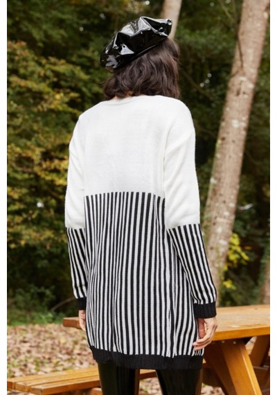 Aqe Fashion Kadın Çizgi Detaylı Ekru Hırka Ekru