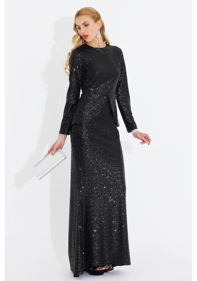 Nidya Moda Büyük Beden Peplum Payet Elbise-4047S Çok Renkli