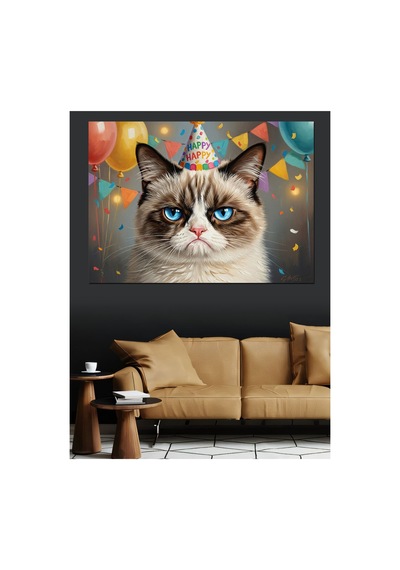 Doğum Günü Şapkalı Huysuz Kedi Yağlı Boya Dokulu Kanvas Tablo Canvas Tablosu