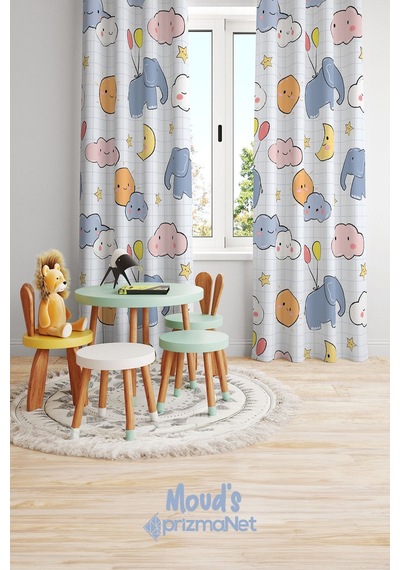 Minik Fil Desenli Baskılı Çocuk Ve Bebek Odası Fon Perdesi 2 Kanat - Prd-16 Çok Renkli