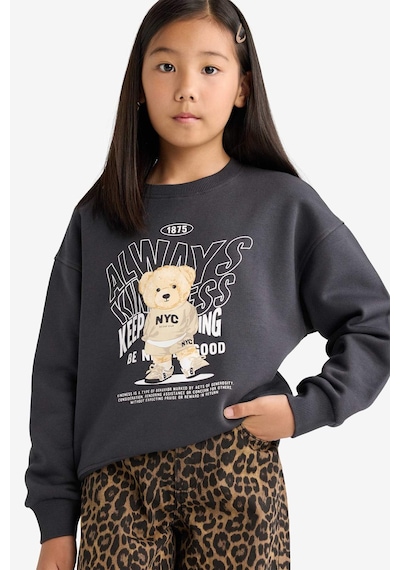Defacto Kız Çocuk Relax Fit Bisiklet Yaka Baskılı İçi Yumuşak Tüylü Sweatshirt E6780a825wnar138 Antrasit