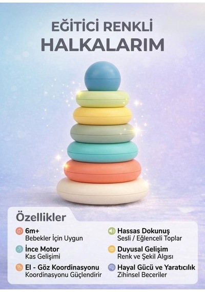 Eğitici Renkli Halka Dizme 7 Parça El-göz Koordinasyonu Destekleyici Zeka Geliştirici Oyuncak -20 Cm
