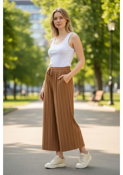 Eren Style Kadın Geniş Paça Pantolon Kahverengi
