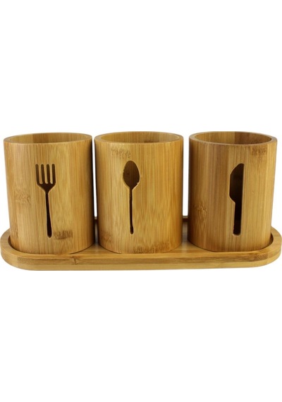 Bambu Stant Kaşıklık Kepçe 3 Bölmeli