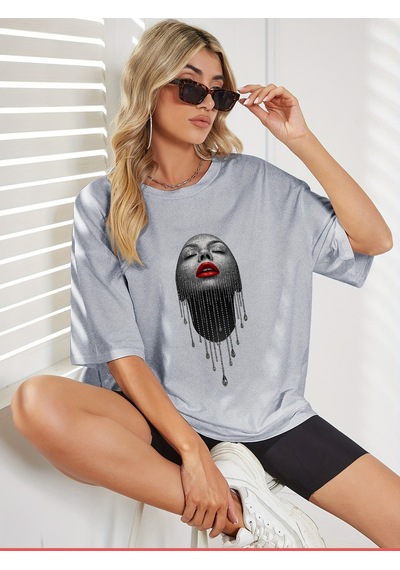 Uyguntarz Unisex Pırlantalı Kadın Portresi Tasarım Basklı Tshirt Gri