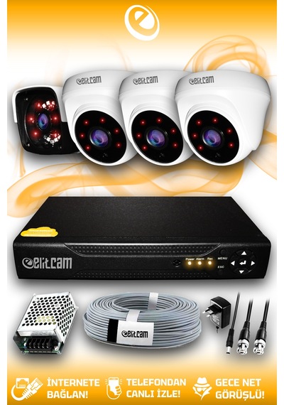 Elitcam 4 Kameralı Panda 3 İç Kamera Set HDD'siz Full HD Gece Görüşlü Güvenlik Kamerası Sistemi