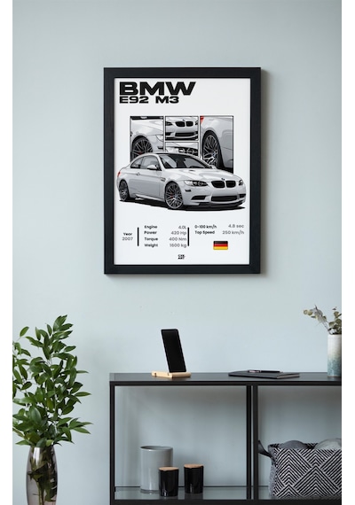 Bmw E92 M3 Ahşap Çerçeveli Poster Tablo V8 Coupe