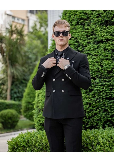 Beystil Sivri Yaka Siyah Kruvaze Takım Elbise Nikol036- Slim Fit Siyah